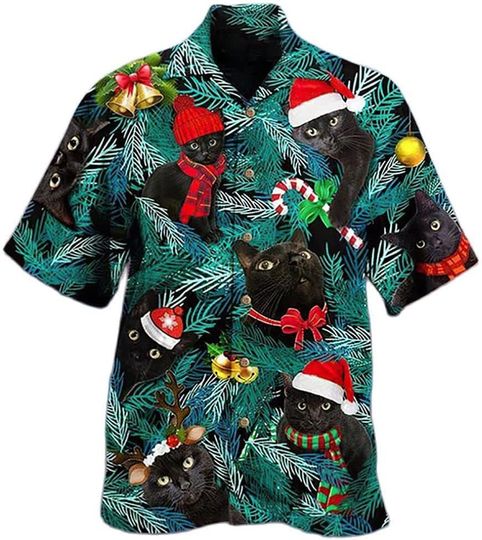 Hawaiian Shirt - Lapel Christmas Cat 3D Print Hawaii Shirts