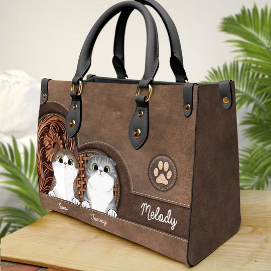 Cat Personalized Leather Handbag, Personalized Gift for Cat Lovers, Cat Mom, Cat Dad Leather Bag ,Women Personalized Leather bag
