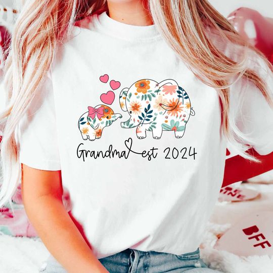 Grandma Est 2024 Shirt, Floral New Mom Shirt, Elephant Mom And Child Shirt