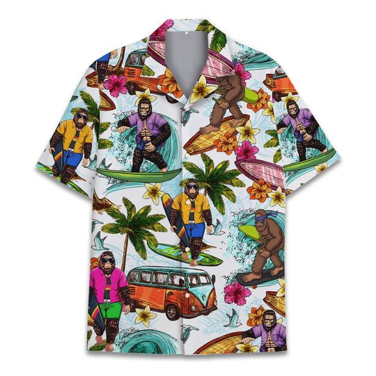 Bigfoot Surfing Hawaiian Shirts for
