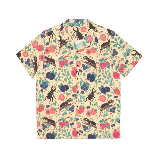 Cream Beetles and Fruits Button Up Hawaiian Style Shirt
