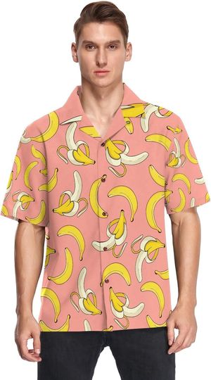 Mens Banana on Pink Background Hawaiian Shirt Quick Dry Hawaiian Shirt Short Sleeve Beach Shirts