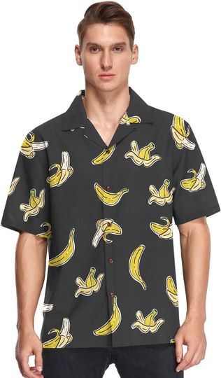 visesunny Banana Black Hawaiian Shirt Men Button Down Casual Shortsleeve Unisex Beach Aloha Shirts