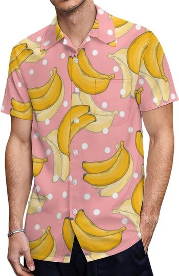 Banana with Polka Dots Hawaiian Printed Shirts for Men Button Down Shirt Classic Fit Short Sleeve