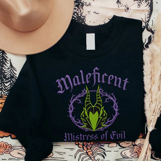 Embroidered Maleficent Mistress of Evil Sweatshirt, Sleeping Beauty Witch Disney Villains Embroidery Shirt, Disney World, Disneyland Trip