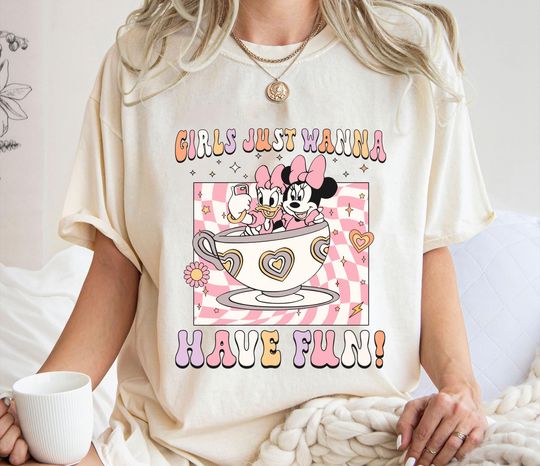 Girls Just Wanna Have Fun Shirt, Minnie And Daisy 70s Retro Groovy T-Shirt