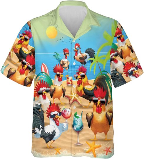 Rooster Hawaiian Shirt for Men - Custom Chicken Beach Shirt for Vacation, Mens Button Down Shirt