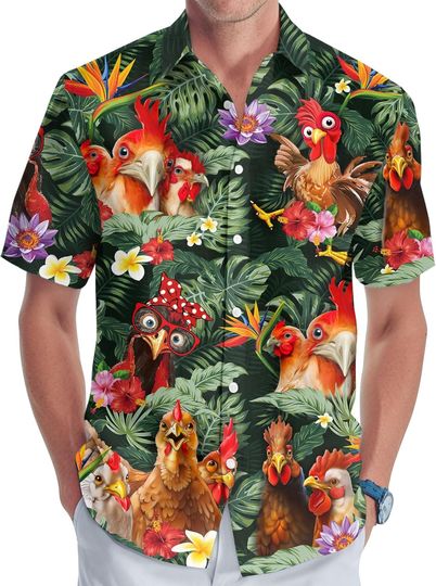Tropical Chicken Women's Hawaiian Shirt, Chicken Gifts for Women, Funny Rooster Shirt Men, Birthday Gifts for Men Women