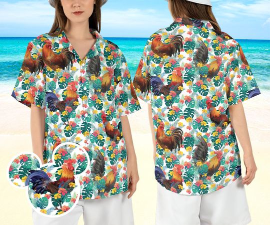 Rooster Tropical Leaves Hawaiian Shirt, Floral Chicken Lover Hawaii Shirt, Rooster Beach Summer Aloha Shirt, Farm Animal Button Up Shirt
