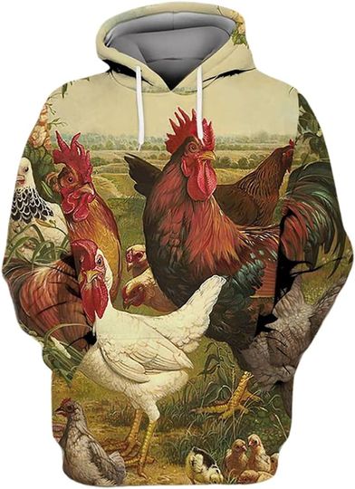 Zartana Rooster and Chicken Farm 3D All Over Printed T-Shirt, Sweatshirt, Pullover Hoodie