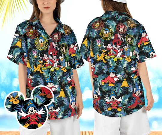 Sorcerer Mickey Hawaiian Shirt, Mickey and Friends Fantasia Hawaii Shirt, Disneyland Beach Aloha Shirt, Magical Mickey Button Up Shirt
