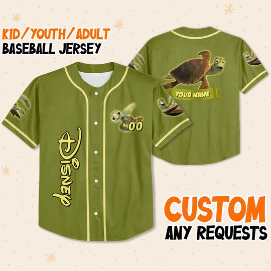 Personalized Disney Turtle Green Yellow Baseball Jersey