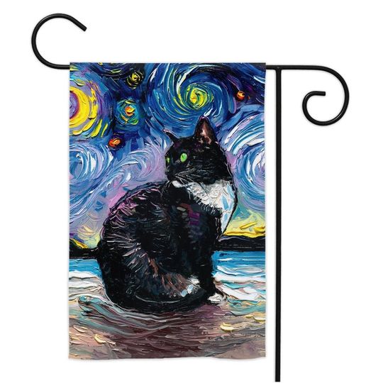 Tuxedo Cat With Green Eyes On Beach Starry Night Yard Flags Double Sided Printing Art By Aja Outdoor Decor Lawn Garden Flag