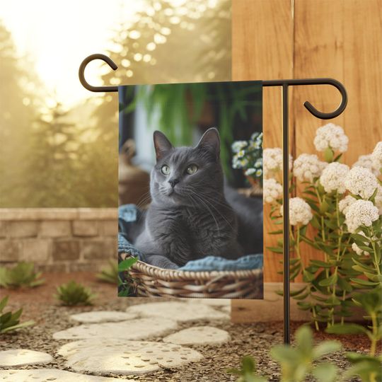 Adorable Russian Blue Cat all cozy, Cat lover gift, Cat Flag, Outdoor Decor, House Flag, Small Garden Flag, Yard Art, Lawn Flag