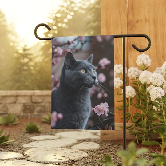 Springtime Bliss: Russian Blue Cat Small Garden Flag, Cat lover gift, Cat Flag, Outdoor Decor, House Flag, Garden Flag, Yard Art, Lawn Flag