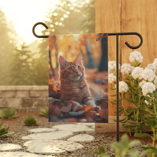 Fall-inspired Small Garden Flag featuring an Orange Tabby Cat in a Colorful Leafy Scene, Housewarming Gift, Cat lover gift, Cat Flag