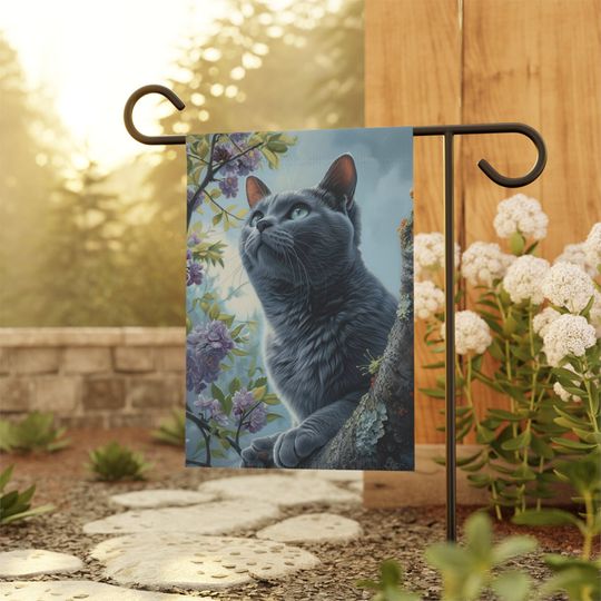 Adorable Russian Blue Cat in a Spring Scene, Small Garden Flag, Housewarming Gift, Cat lover gift, Cat Flag, Yard Art, Lawn Flag, House Flag