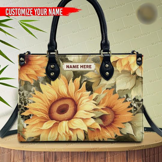 Marchstyle - Custom Name Sunflower Leopard Leather HandBags & Purse for Women, Sunflower Vintage Wallet,Sunflower Purse,Flower Leather Purse