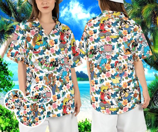 Floral Goofy Hawaiian Shirt, Goofy Vacation Hawaii Shirt, Animated Dog Beach Aloha Shirt, Disneyland Goofy Movie Mens Button Shirt