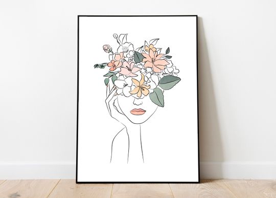 Woman with Flower Line Art, Woman Line Art, Line Art Poster, Head of Flowers Art