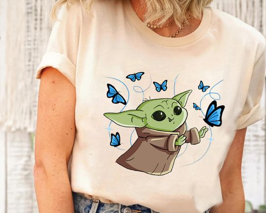 Disney Baby Yoda Star Wars The Child with Blue Butterflies Shirt
