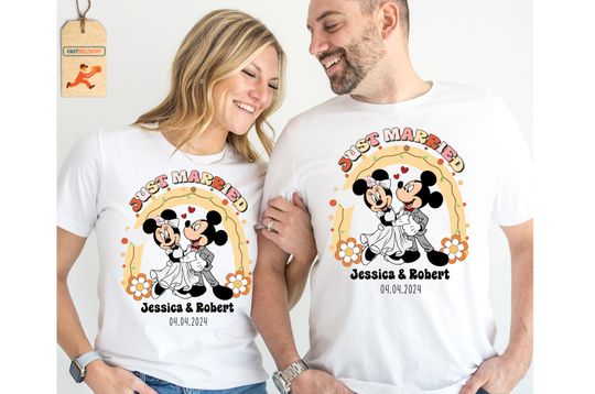 Personalized Just Married Disney Shirt, Custom Disney Couple Shirt, Disneyland Wedding Gift, Bride and Groom Shirts, Honeymoon Disney Shirt