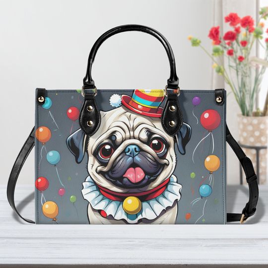 Clown Pug Leather Bags, Dog Lover Gift, Gift for Women