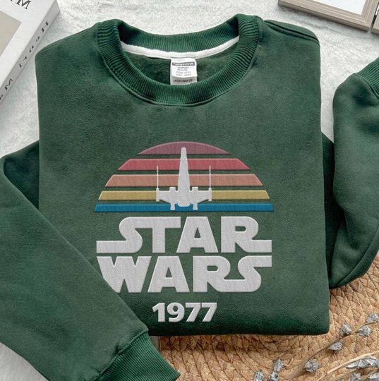 Retro Embroidered Star Wars 1977 Sweatshirt, Star Wars Day 2024 Embroidery Shirt, May The Force Be With You, Hollywood Studios Trip