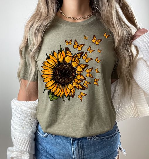 Sunflower Butterfly Shirts, Sunflower Shirt, Butterfly Tee, Mothers Day Gift Shirt, Flowers Gift T-shirt, Botanical Shirt, Mom shirt, Flower