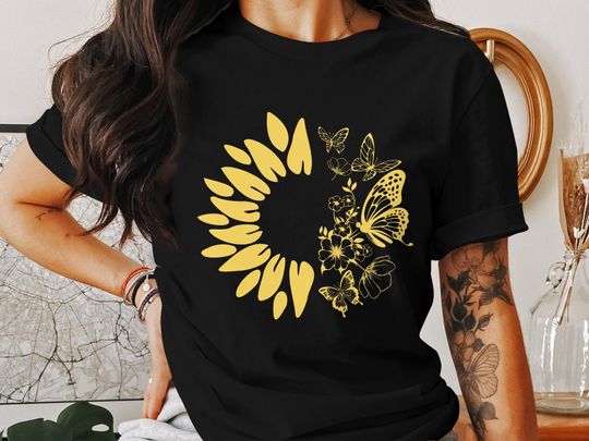 Sunflower Shirt with Butterflies - Soft Yellow Cotton Tee, Casual Summer Wear, Perfect Gift for Nature, Sunflower Lovers