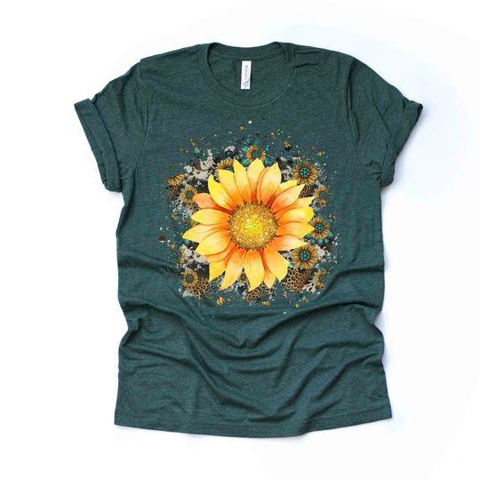 Sunflower Tee, Beautiful Sunflower on Cow print & Turquoise Jewels Background Design on premium unisex shirt