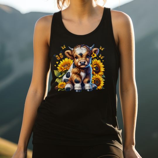 Highland cow sunflower graphic Jersey Tank gift idea for Highland cow lover gift for her graphic tank top