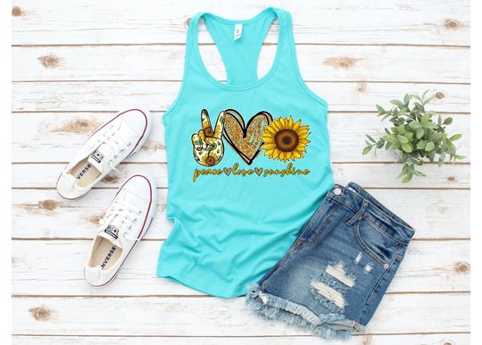 Peace Love and Sunshine, sunflower tank, graphic tank top for woman, woman trendy tank top