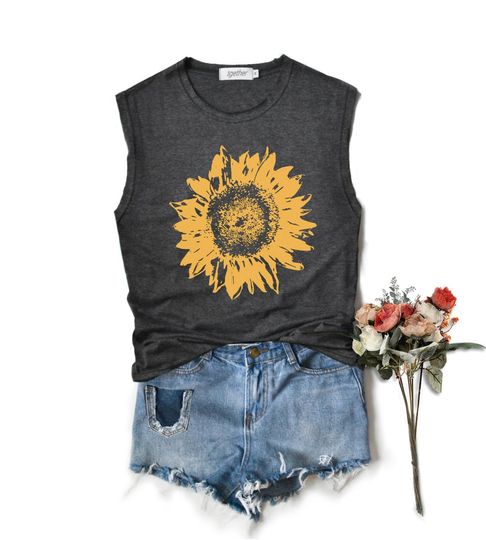 Sunflower graphic flowers funny graphic shirt Muscle tank workout regular tank tops