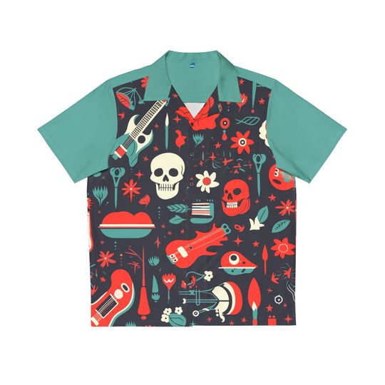 Retro Hawaiian Bowling Shirt, 1950s style, guitars, skulls