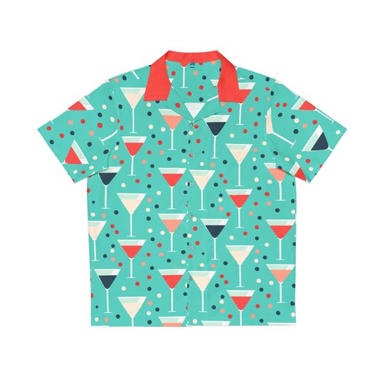 Vintage-Inspired Turquoise Cocktail Print Hawaiian Shirt, 1950s style