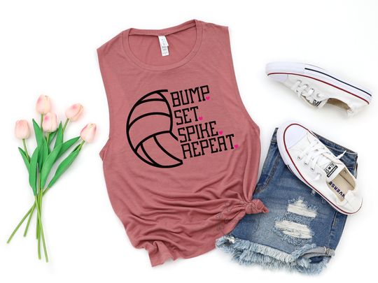 Bump Set Spike Repeat - womens muscle tank. volleyball shirt, volleyball shirts, volleyball squad shirt, spirit shirt, volleyball fan shirt