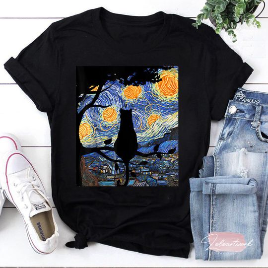 Cat T Starry Night Cat Tee Van Gogh Cat Gif T-Shirt, Black Cat Shirt, Van Gogh Shirt