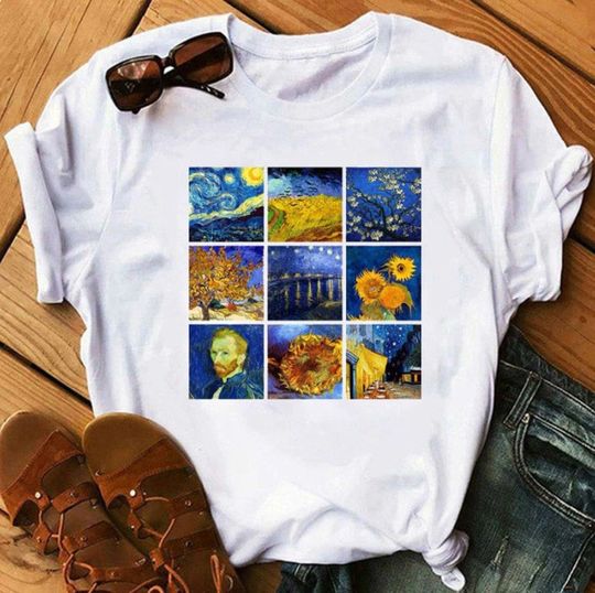 Van Gogh Collage T shirt / Starry Night / Self portrait / Sunflowers / %100 Premium Cotton