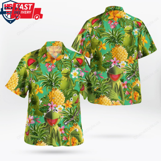 The Muppet K the frog Pineapple Tropical Short Sleeve Button Hawaiian Shirt