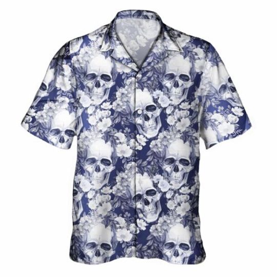 Men's Flower Casual Summer Skull Short Sleeve Button Down Hawaiian Shirt