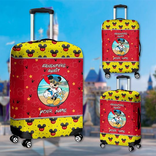 Custom Mouse Go On Beach Luggage Cover, Cartoon Luggage Protector, Magic Kingdom Trip Gift