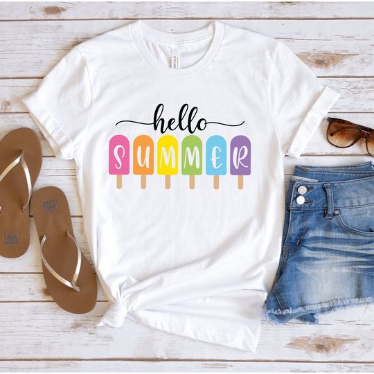 Hello Summer Shirt - Popsicle Written Summer Welcome Outfit - Colorful Holiday T-Shirt