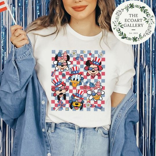 Vintage Floral Mickey and Friends Disney Checkered 4th of July Shirt