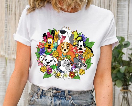 Disney Floral Dogs Shirt, Disney Dogs T-shirt, Dalmatian Pluto Lady and The Tramp