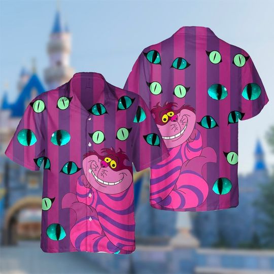 Cheshire Cat With Eyes Hawaiins Shirt, Pink Cat Alice in Wonderland Button Up Shirt