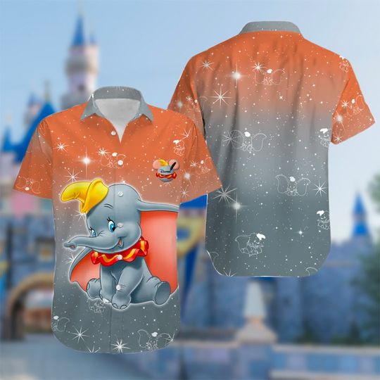 Animated Flying Elephant Hawaii Beach Shirt, Twinkle Star Elephant Button Up Shirt