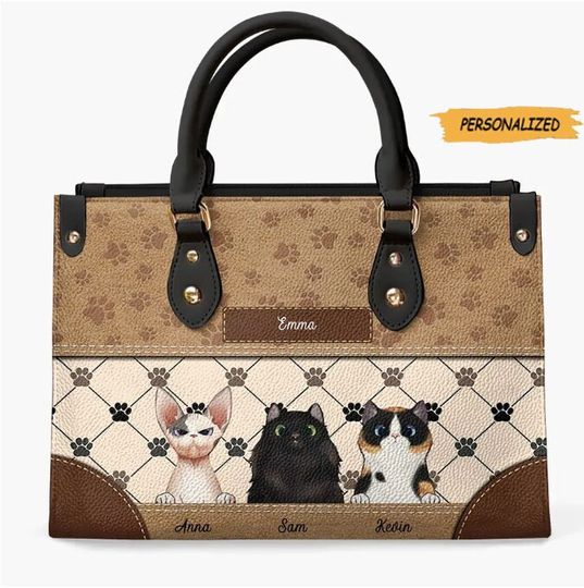 Personalized Cat Leather Bag with Custom Name, Gift For Cat Lovers