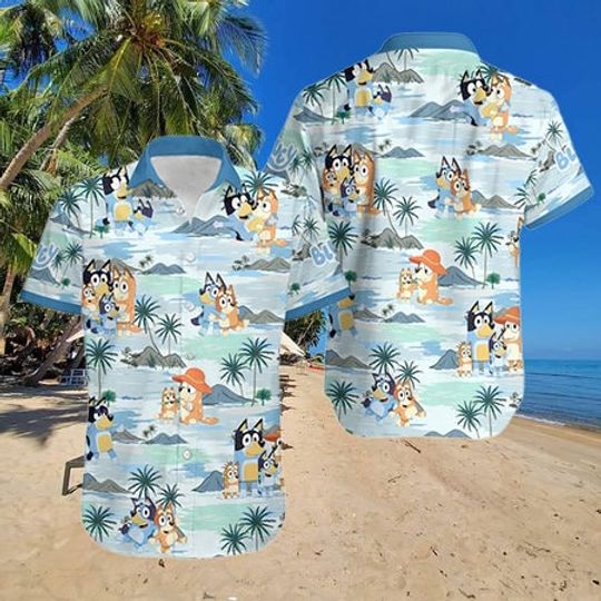 BlueyDad Summer Family Hawaiian Shirt, BlueyDad and Bingo Beach Hawaiian Shirt