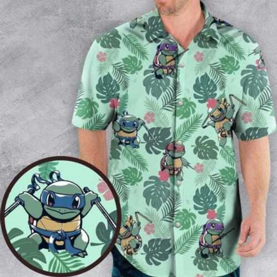 P0kemon Ninja Squirtle Hawaiian Shirt, Aloha Anime Blastoise Button Up Shirt